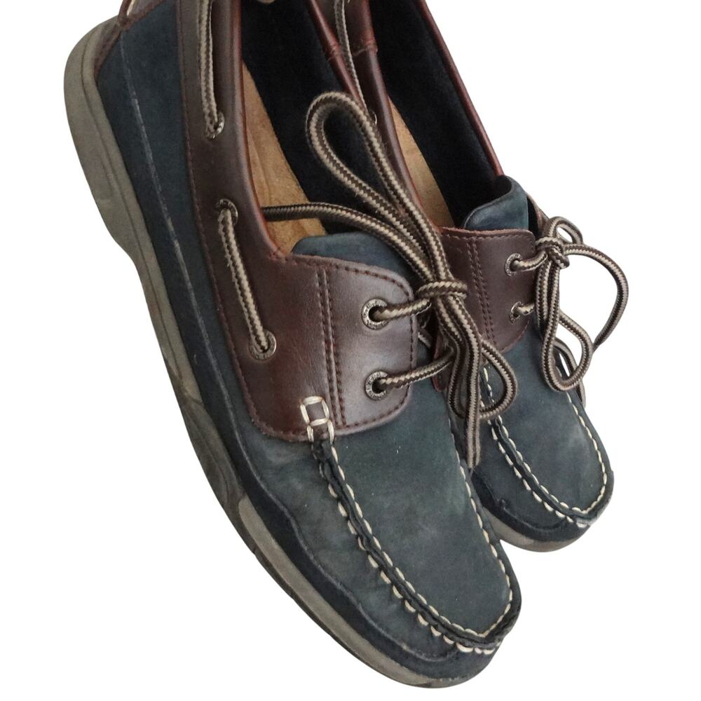 GH Bass Lewis Navy Blue Brown Leather Loafer Boat Men 10 Moc 2 Eye 2 Tone Two